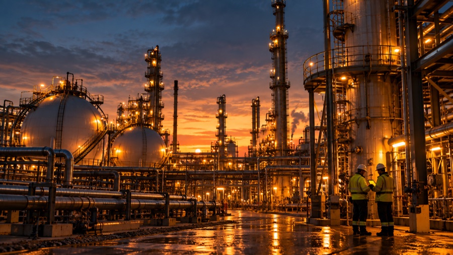 Two workers consulting beneath storage spheres and columns at a chemical plant at dusk
