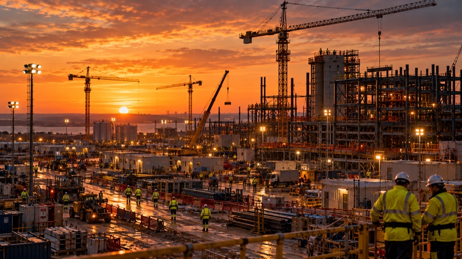 Tower cranes and steel structures over a sprawling construction site at golden hour