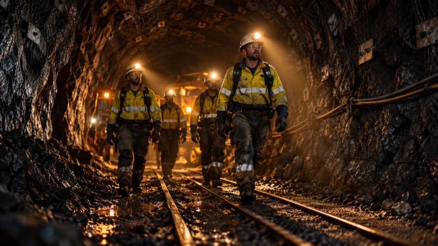 Mine workers in hi-vis walking out of a tunnel heading, cap lamps on