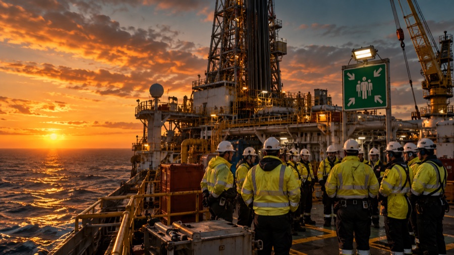 Crew in hi-vis gathered at a muster point on an offshore drilling rig at sunset