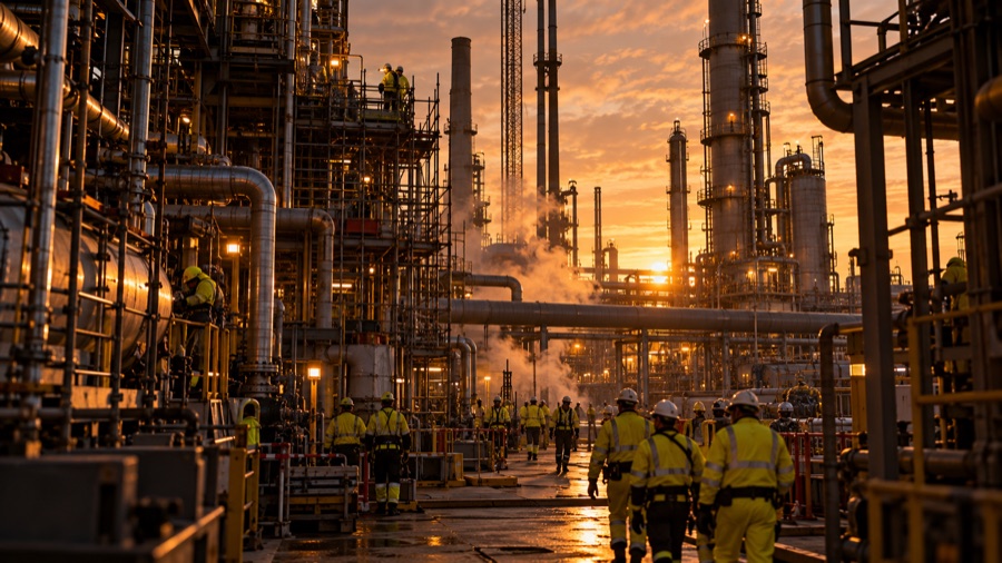 Contractors in hi-vis moving through dense pipework inside a live refinery unit