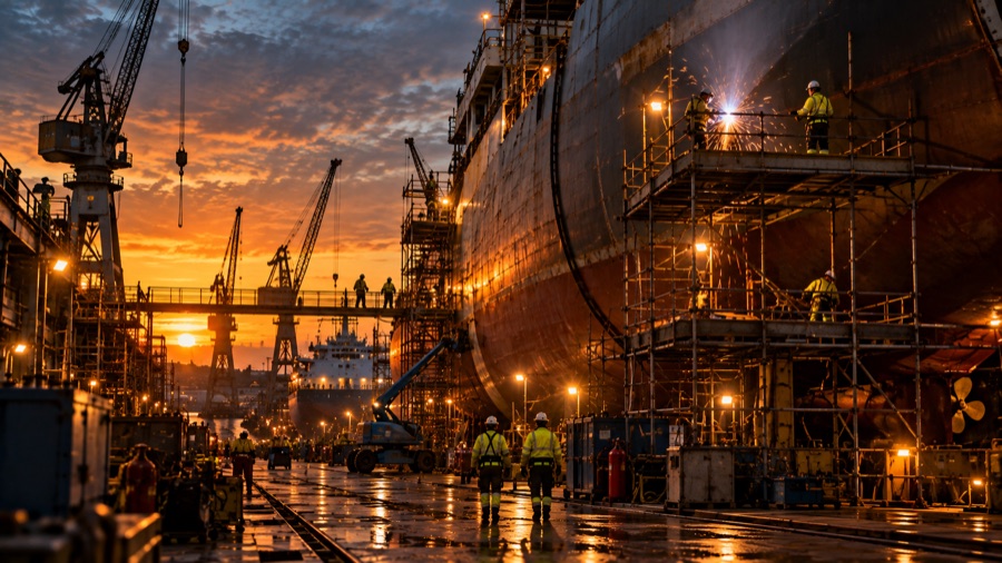 Welding sparks on scaffolding against a ship hull in dry dock at sunset