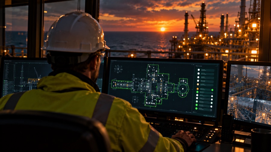 Control room operator at a screen showing a dark deck plan with green zones and live counts