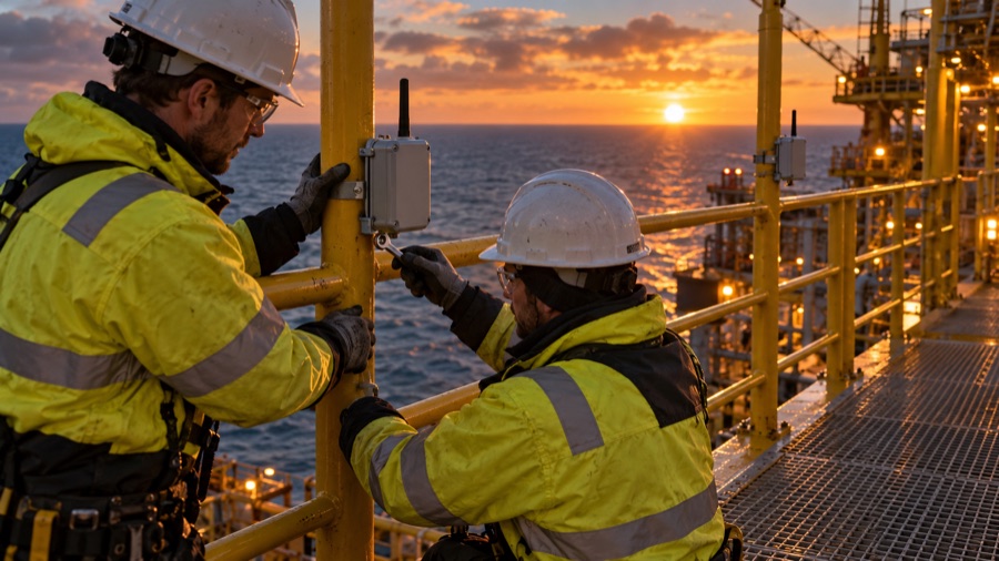 Two workers fixing a compact wireless reader to a handrail post with a single bracket, no cabling