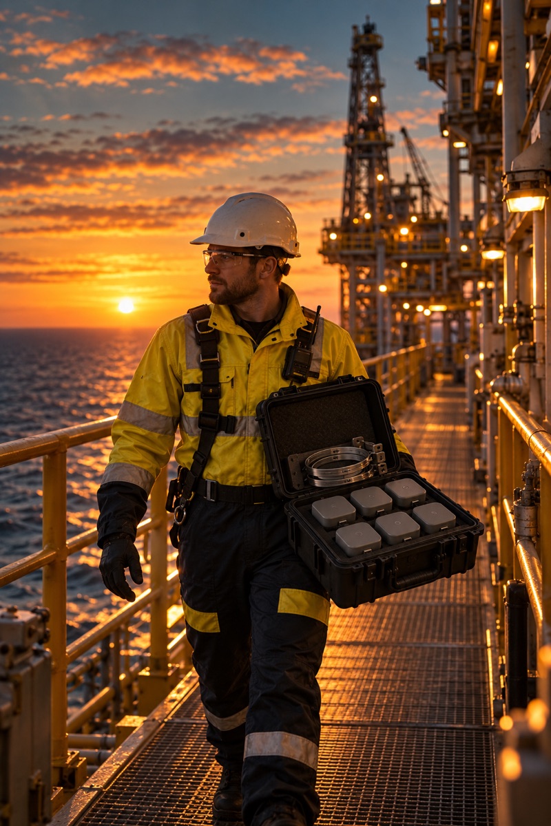 Technician carrying an open transport case of identical wireless readers along a platform walkway at sunset