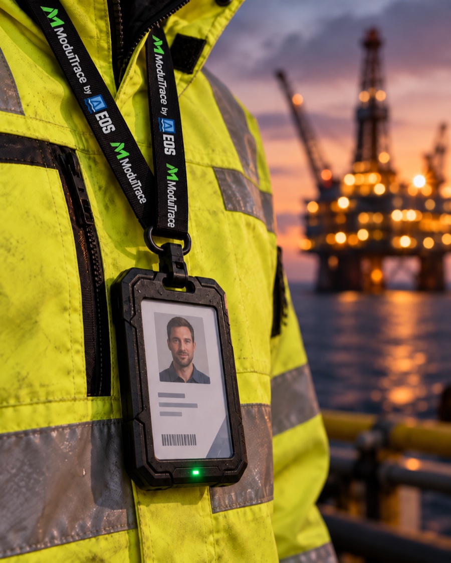 Rugged ModuTrace ID badge holder on a lanyard against a hi-vis jacket