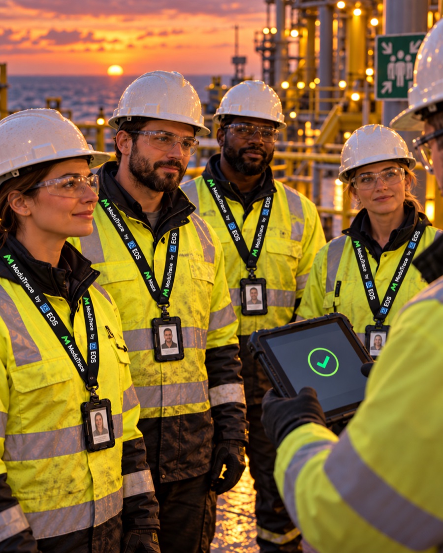 Crew at a muster point wearing ModuTrace lanyard badges while a supervisor confirms headcount on a tablet